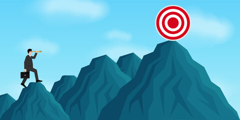 Businessman using Telescope looking for Target. Goal Achievement and Business Success Concept. Vector Illustration. © BillionsPhoto