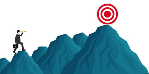 Businessman using Telescope looking for Target. Goal Achievement and Business Success Concept. Vector Illustration. © BillionsPhoto