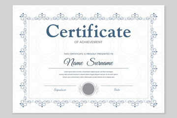 Professional certificate of achievement template with an elegant ornate blue frame and a patterned background. Perfect for business awards, graduation diplomas, and official documents. Editable vector