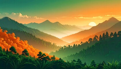 A vibrant, animated landscape with lush green forests cascading between mountain ranges, under an orange-tinted sunset sky