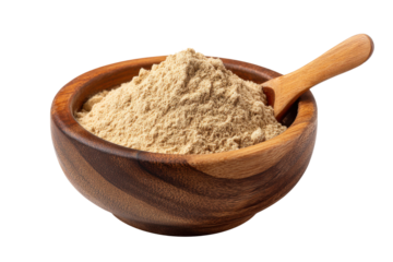 Wooden bowl of fine light brown powder with matching spoon on dark background