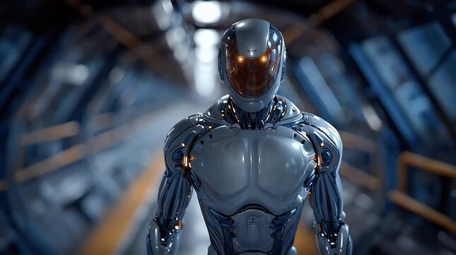 Futuristic robot standing confidently in a technologically advanced setting