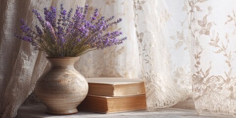 Rustic windowsill with books and dried lavender
