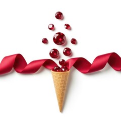 Red jewels spilling out of ice cream cone with ribbon