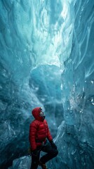 Fototapeta premium Explorer Inside Blue Glacial Ice Cave