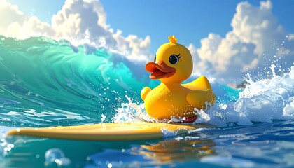 A vibrant image of a yellow rubber waterfowl on a surfboard riding a dynamic wave under a clear, sunlit sky