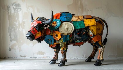 A large sculpture of a bull, constructed from colorful, recycled metal pieces. It stands in front of a textured wall