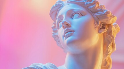Classical marble bust illuminated with neon pink and blue lighting. A perfect vaporwave aesthetic for music blogs, fashion magazines, and modern art critique sites or social media.