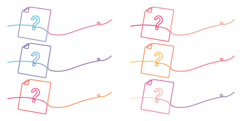 Vibrant gradient continuous line drawing connecting document icons with question marks representing a problemsolving process