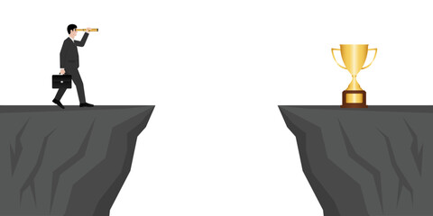 Businessman using Telescope looking for Trophy. Goal Achievement and Business Success Concept. Vector Illustration.