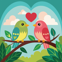 Sweet Romantic Scene of a Bird Couple Sitting on a Tree Branch Framed Within a Heart Shape Against a Soft Cloudy Sky