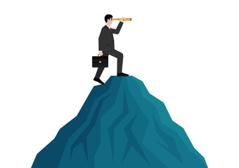 Businessman using Telescope on Top of Mountain looking for New Opportunity. Business Opportunity and Future Career Concept. Vector Illustration.