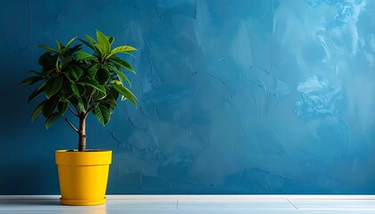A vibrant, potted plant with lush green leaves sits left of frame against a textured, teal wall. A bright yellow pot is used