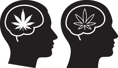 Silhouette of Human Head with Brain and Cannabis Leaf, Representing Medical Marijuana Effects and Psychological Impact