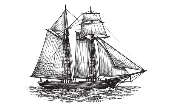 Nautical Engraving of a Two-Masted Tall Ship Sailing on Ocean Waves