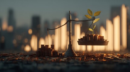 Balance scale with plant seedlings and coins symbolizing growth and investment.