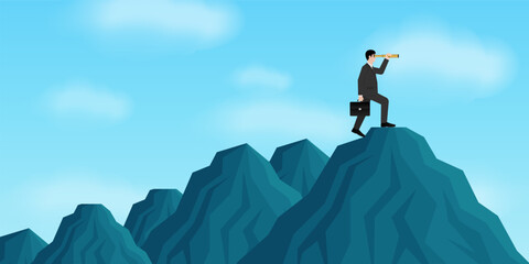 Businessman using Telescope on Top of Mountain looking for New Opportunity. Business Opportunity and Future Career Concept. Vector Illustration.