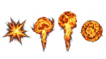 Set of four fiery explosion illustrations with different shapes and colors for dynamic visual effects isolated on transparent background