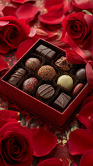 赤いバラに囲まれた高級チョコレートのバレンタインギフト