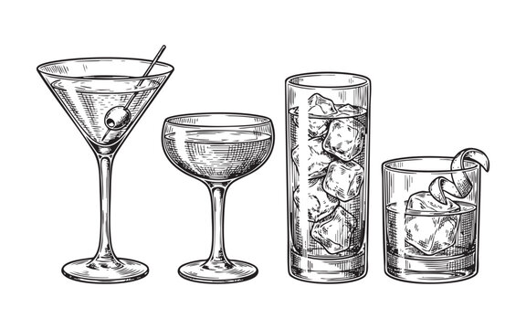 et of four hand-drawn illustrations of different classic cocktails in various glasses with garnishes