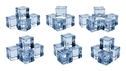 Set of six transparent ice cubes arranged in two rows on a transparent background with reflections and shadows