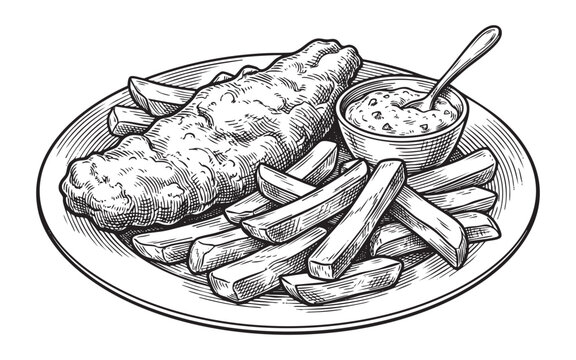 Traditional dish of fish and chips with tartar sauce drawing