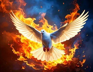 A white dove with outstretched wings against a backdrop of vibrant flames and a dramatic dark blue sky