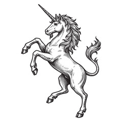 Vintage heraldic engraving of a prancing fantasy unicorn © trianatio