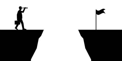 Businessman using Telescope looking for Victory Flag Silhouette. Goal Achievement and Business Success Concept. Vector Illustration.