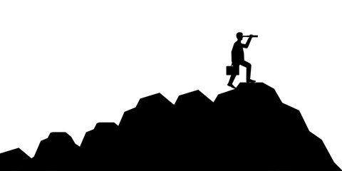 Businessman using Telescope on Top of Mountain looking for New Opportunity Silhouette. Business Opportunity and Future Career Concept. Vector Illustration.