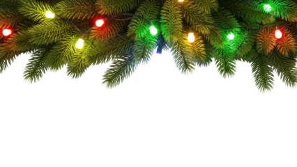 Decorative green pine branches with colorful christmas lights hanging on a festive holiday background isolated on transparent background