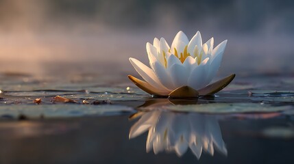 White Water Lily Floating on Calm Water Surface.