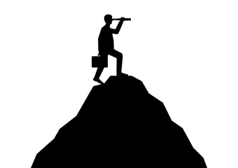 Businessman using Telescope on Top of Mountain looking for New Opportunity Silhouette. Business Opportunity and Future Career Concept. Vector Illustration.