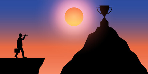 Businessman using Telescope looking for Trophy Silhouette during Sunset. Goal Achievement and Business Success Concept. Vector Illustration.