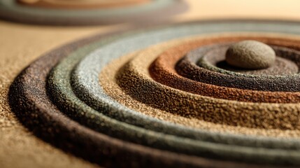 Textured sand mandala arranged concentrically grains in layered gradients radiating outward Ultra-sharp clarity reveals particle illuminated softly Composition