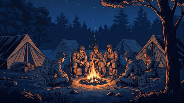 WWII Soldiers Sitting Around Campfire at Night &ndash; Military Bivouac in Forest Vector Illustration