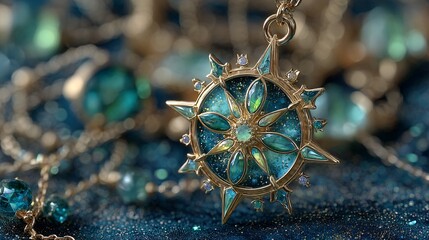 Intricate Gold Pendant with Starburst Design and Blue Gemstones