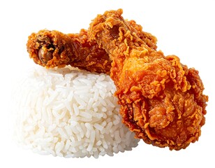 Two crispy fried chicken drumsticks on a bed of fluffy white rice, isolated against a white background