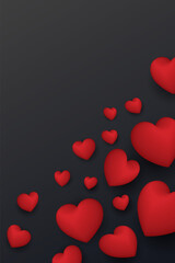 Red heart balloons floated with black vertical background have blank space.