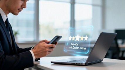 Businessman using phone with digital rating overlay