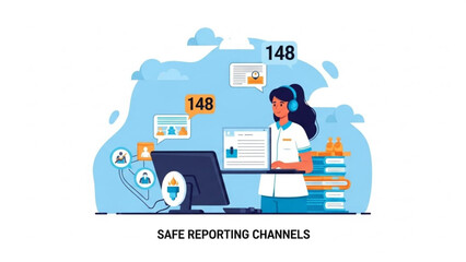 Woman with headphones working on computer safe reporting channels concept data security and online communication illustration