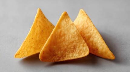 Three potato chips arranged in a triangular formation on a neutral gray background, softly lit to reveal texture without