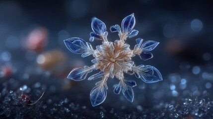 Intricate Snowflake Design with Blue-Glowing Leaves and Details