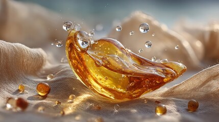 Glimmering Honey Drop Splash on Soft Fabric Background