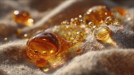 Close-up of amber droplets on a textured fabric surface