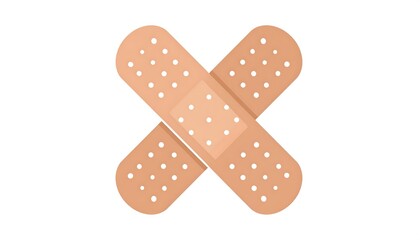 Two crossed adhesive bandages in a skin-tone color against a white background, representing first aid and healing
