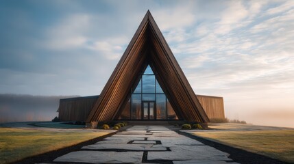 Timber clad frame structure with expansive triangular fasade large windows reflecting clouds foreground pathway arranged with stone slabs