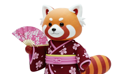 Red Panda in Kimono Holding Cherry Blossom Fan