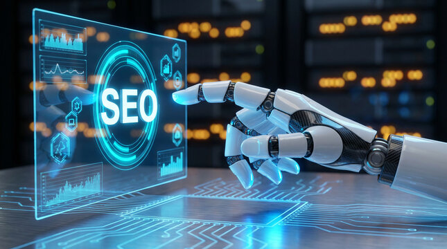 A robotic hand interacts with a glowing holographic screen displaying SEO data and analytics in a futuristic data center environment - Powered by Adobe