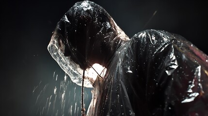 Person Wearing Raincoat Under Heavy Rainfall.